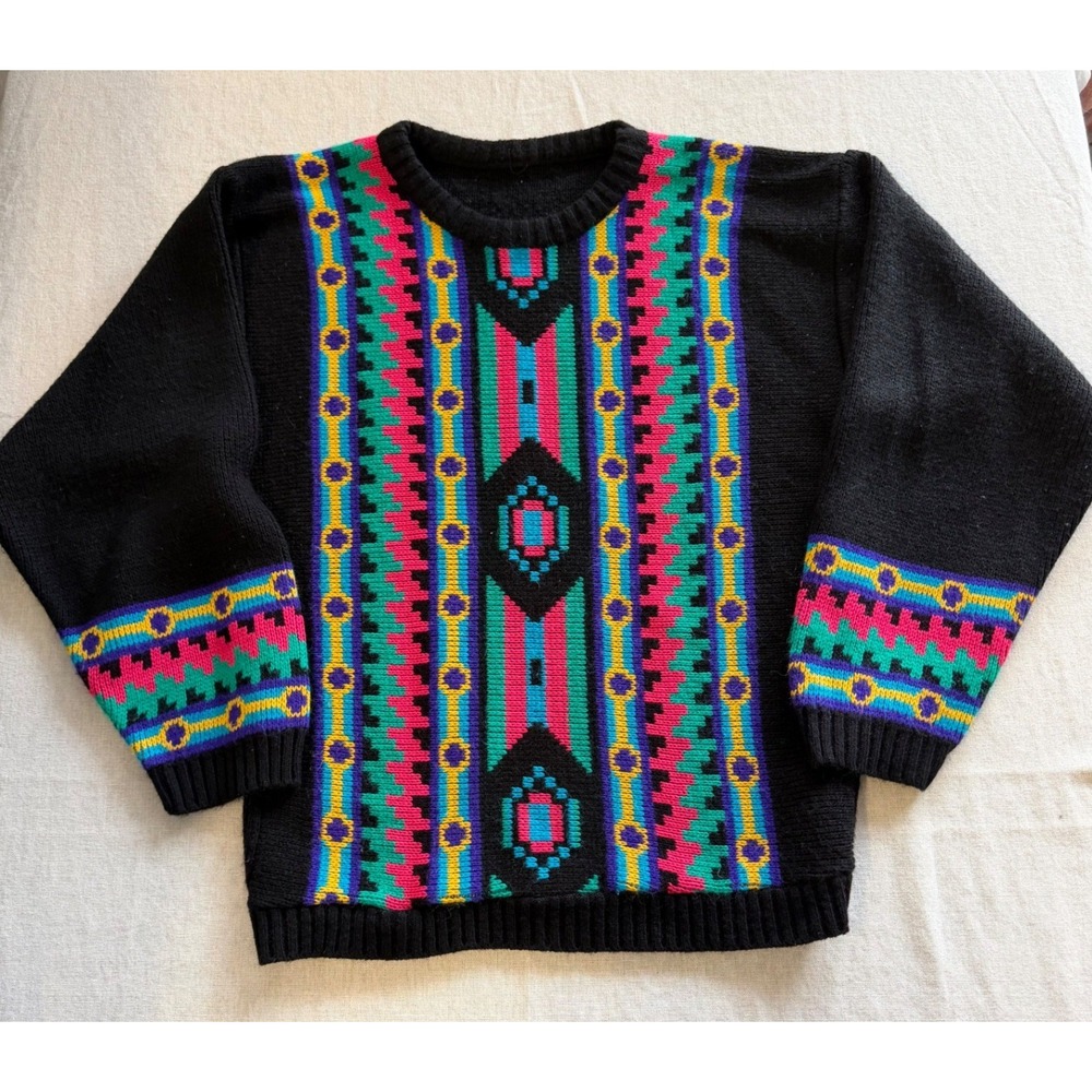 Vintage 80s 90s Southwestern Retro Eclectic Geometric Knit Sweater Black Large - Picture 6 of 7